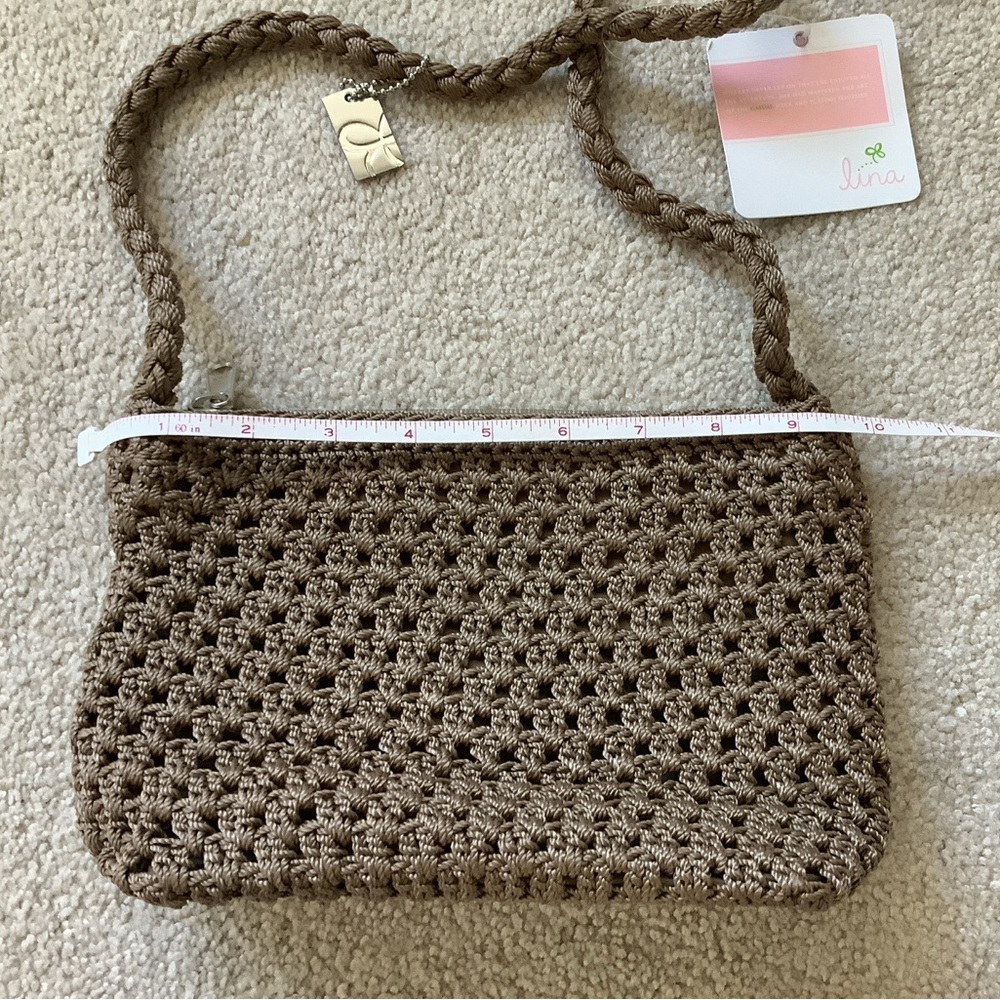 Lina taupe macrame knit small shoulder purse, NWT - Picture 3 of 5